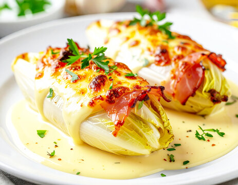 Belgian chicon au gratin, endive wrapped in ham with b&eacute;chamel sauce. AI