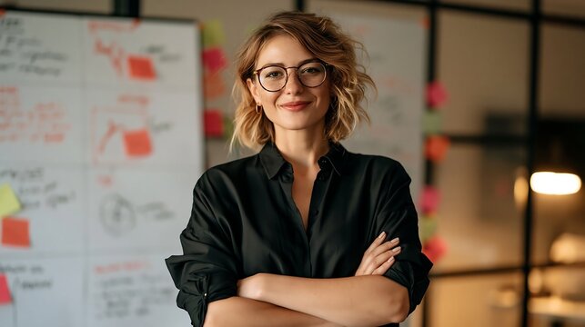 Businesswoman in front of a whiteboard, presenting a strategy for long-term returns in gold and cryptocurrencies