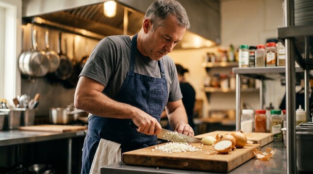 Professional Chef Dicing Onions on a Wooden Cutting Board in a Busy Restaurant Kitchen