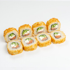 Fried Sushi Rolls with Salmon, Cucumber and Cream Cheese on White Background © Дмитрий Ульянов