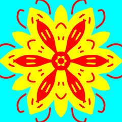 Bright Yellow Floral Mandala Ornament on Cyan Blue Background Digital Art © Andika