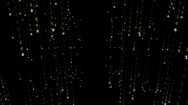 Abstract digital background with falling golden and white binary code numbers on a dark black tech backdrop