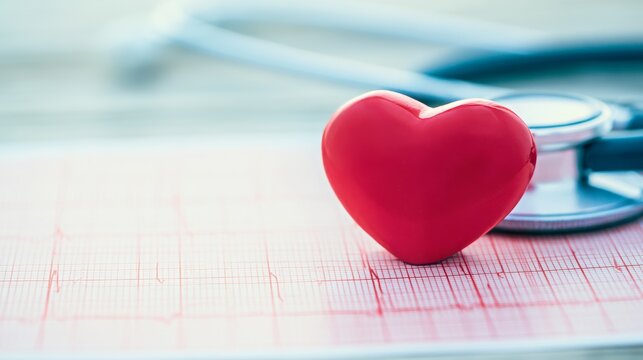 Heart health concept with heart shape on electrocardiogram and stethoscope, representing cardiac care, medical diagnosis, healthcare, wellness, prevention, and healthy cardiovascular function