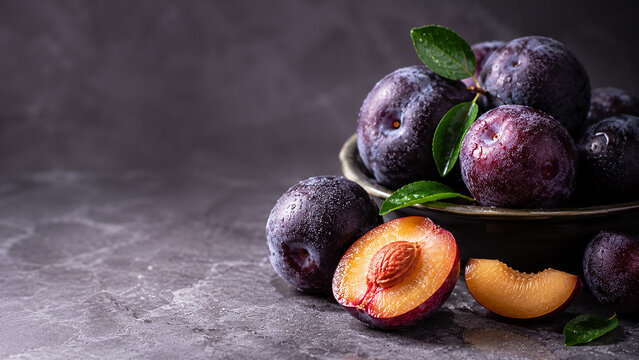 Fresh ripe purple plums in dark bowl, juicy plum fruit slices with stone, delicious seasonal healthy organic fruit on dark textured stone background with copy space