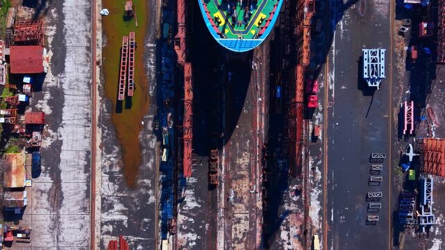 Empty shipyard rail tracks. Aerial angle shows parallel steel rails, rusted gantries and scattered equipment crates.