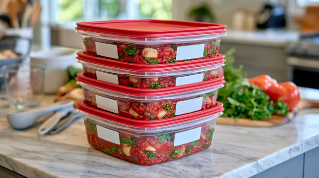 Top down view of neatly stacked clear plastic meal prep containers with red lids on a light marble kitchen counter, multiple blank white labels arranged visibly on the container sides, measuring cup