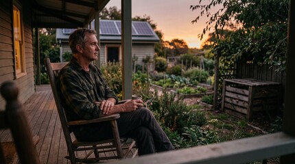 Fototapeta premium Man sitting on rocking chair on porch holding mug watching sunset over garden with solar panels