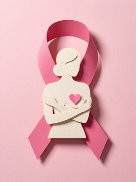 Layered paper cut art featuring a figure with a pink awareness ribbon on their chest, centered inside a deep 3D pink paper heart. Breast cancer awareness, health, and support concept.