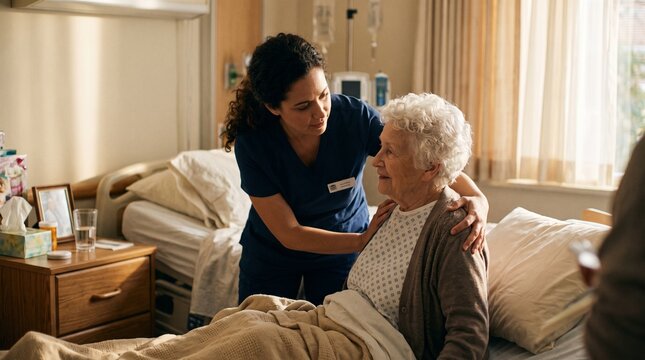Caring nurse comforts elderly patient in hospital bed with gentle touch and reassuring gaze