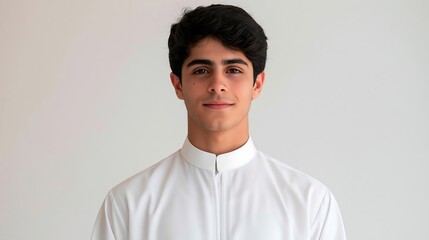 Obraz premium Inspired Saudi Arabian male student, 16, in white thobe, thoughtfully engaged in learning beyond grades.