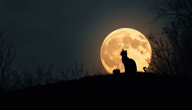Black cat silhouette sitting against a glowing full moon for halloween night