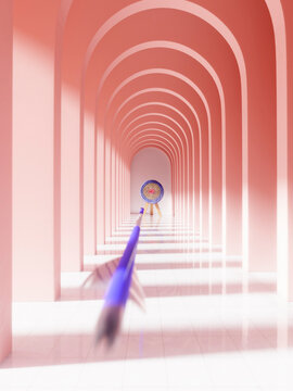 Arrow flying towards target in surreal pink architectural corridor showing aim