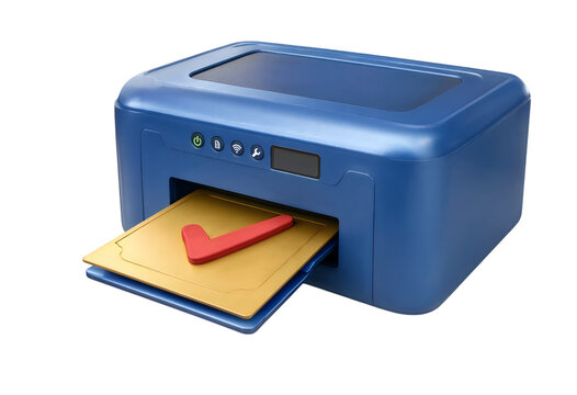 Blue printer printing a paper document with a red check mark