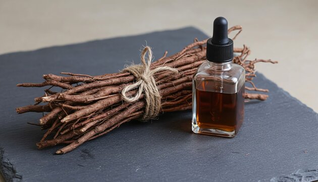 Bundled Sariva Root Pieces and Square Bottle on Dark Slate Tile