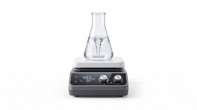 Professional laboratory magnetic stirrer hotplate with erlenmeyer flask and swirling liquid vortex representing scientific research and innovation