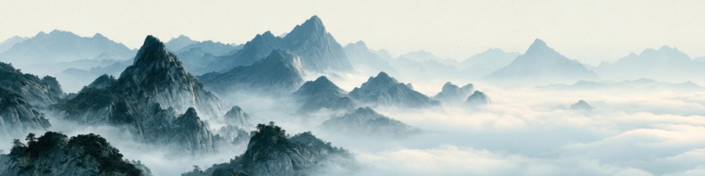 traditional chinese ink painting landscape foggy mountain peaks rising above thick sea of clouds panoramic view misty mountain range watercolor artwork oriental art style tranquility scene