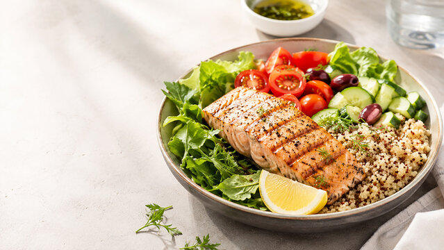 Healthy salmon bowl with quinoa and fresh vegetables, grilled fish salad with lemon, nutritious protein meal on stone background