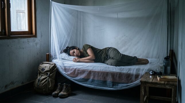 Woman sleeping under mosquito net in rustic room with backpack and boots