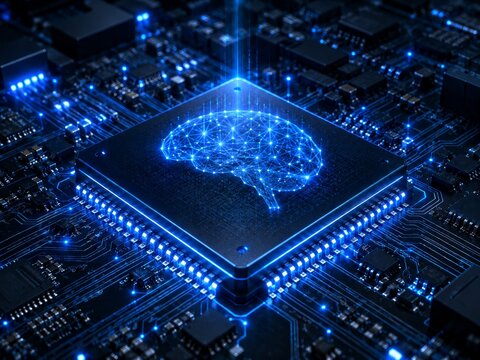 Futuristic AI glowing blue brain on a microchip processor representing advanced machine learning