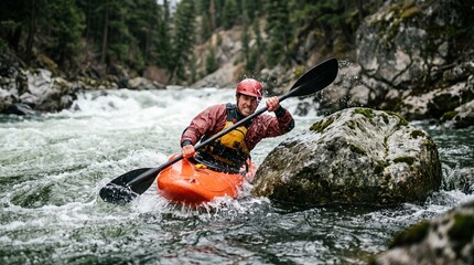 Naklejka premium Man kayaking through whitewater rapids in a rocky river surrounded by forest
