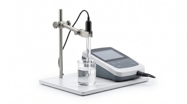 Modern digital pH meter setup in a clean laboratory environment, used for precise measurement of liquid acidity or alkalinity during scientific experiments and chemical analysis