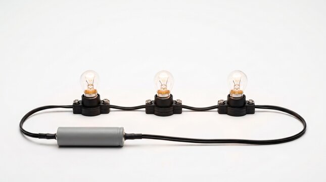 Three light bulbs wired in a series circuit, all glowing, electricity physics concept