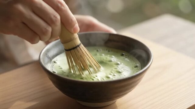 Preparing traditional matcha green tea powder with bamboo whisk in ceramic bowl
