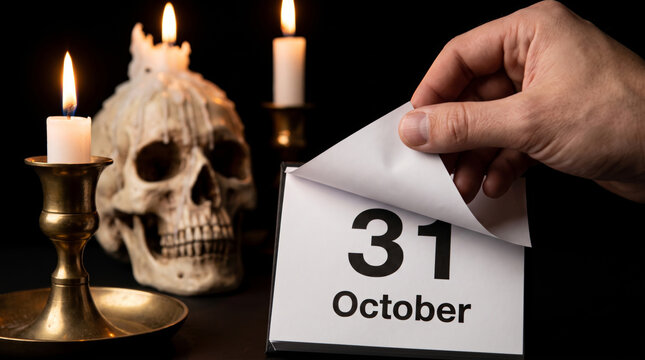 Skull candle burning October calendar Halloween scene. Gothic dark halloween horror. skeleton bone death fear, occult ritual magic mystical mystery fantasy