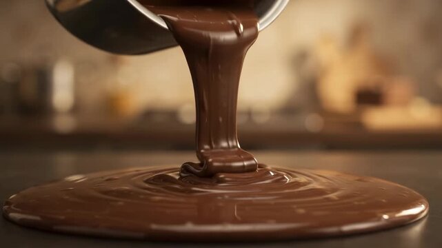 Melted Dark Chocolate Pouring Slowly from Pot into Smooth Pool