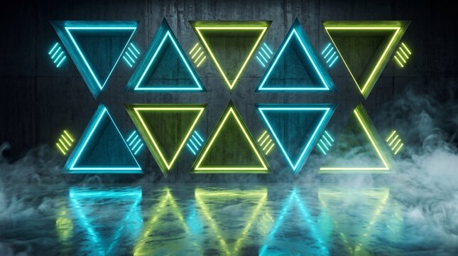 Futuristic dark stage interior with neon triangles and thick smoke