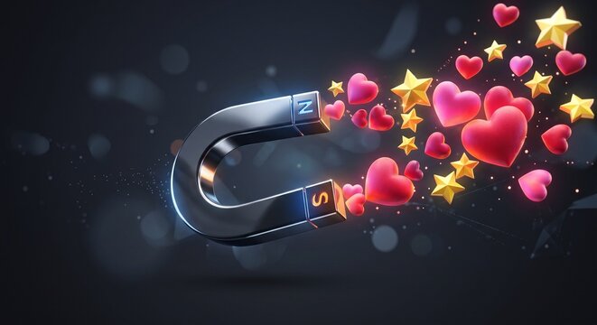 Metallic horseshoe magnet attracting red 3D hearts and golden stars on dark background.