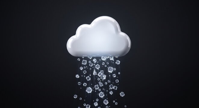 White glossy cloud with falling ice cubes on dark background hail and weather concept 3D render.
