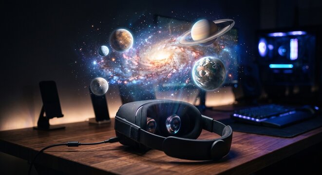 VR headset on wooden desk projecting futuristic 3D solar system and galaxy hologram at night