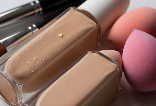 Beauty and skincare routine, liquid foundation bottles with makeup sponges and brushes for professional cosmetic application and facial complexion care