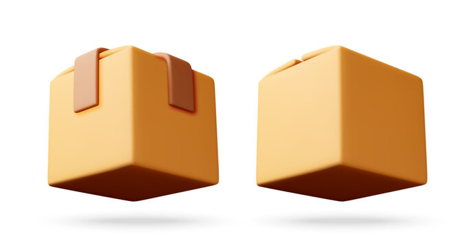 Two 3D rendered cardboard boxes with shadows, one open and one closed, symbolizing delivery, shipping, and packaging solutions