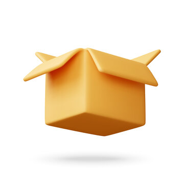 Open cardboard box 3d render icon. Empty carton package container for delivery, shipping and storage. Logistics and e-commerce parcel concept. Isolated vector illustration