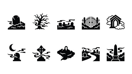 Fototapeta premium Creepy cemetery silhouette icons representing spooky night landscapes and gothic tombs
