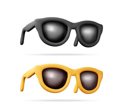 Black and yellow sunglasses in cartoon 3d style. Summer eyewear accessory for sun protection. Fashion beach element for vacation travel banner and holiday poster design.