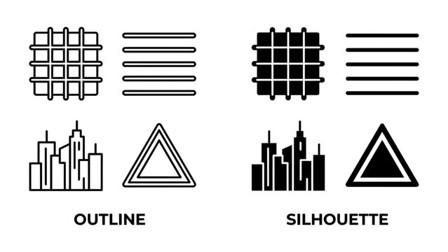 Icons of Outline and Silhouette: A collection of graphic icons illustrating city skyline, triangle warning sign, grid pattern, and parallel lines in both outline and silhouette styles.