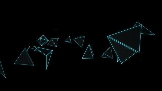 Abstract digital background featuring floating geometric pyramid shapes with glowing cyan neon outlines on black backdrop