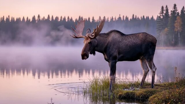 Majestic moose with large antlers stands by a tranquil, misty lake at dawn.