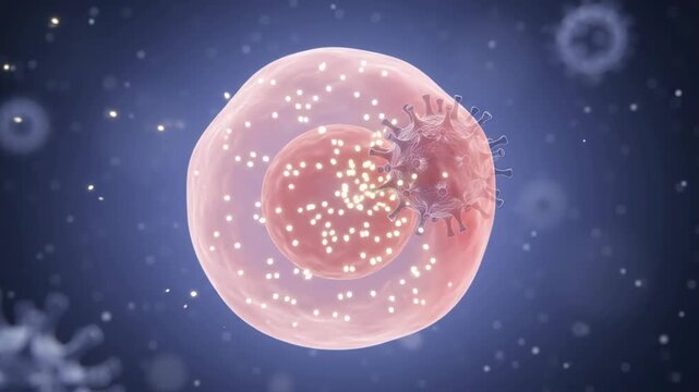 Virus infecting human cell, microscopic view of viral invasion and cellular damage