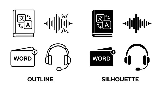 Language Translation Icons: A set of outline and silhouette icons representing language translation services, including dictionaries, sound waves, headphones, and flashcards.