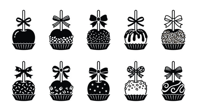 Assorted black and white candy apples with decorative toppings vector illustration for festive events