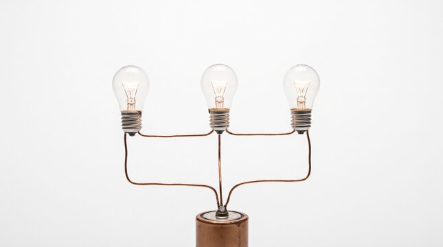 Three light bulbs wired in parallel branches, all glowing, electricity physics concept