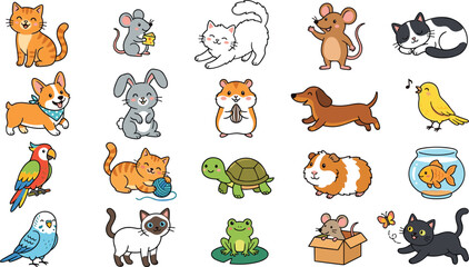 Obraz premium Cute Domestic Pets Vector Clip Art Set with Cartoon Cat Dog Rabbit Hamster Parrot Turtle and Fish Elements