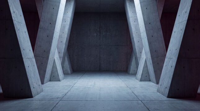 Minimalist empty underground bunker space with heavy concrete structural columns