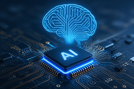 A glowing, digital representation of a human brain is superimposed over a circuit board with an illuminated AI processor chip in the center.