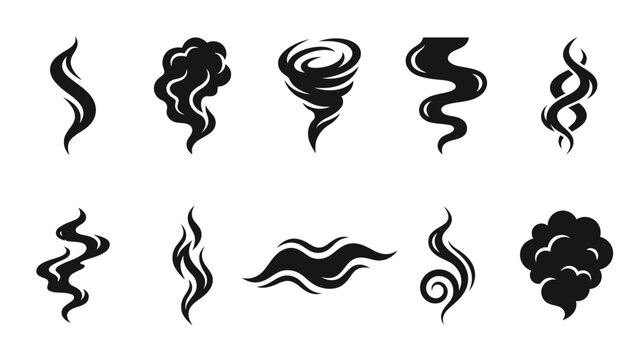 Assortment of black smoke and steam effects isolated on white background for creative designs