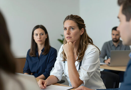 Healthcare collaboration and medical team meeting, female doctor listening to colleagues during professional hospital briefing in modern office environment
